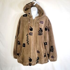 Vintage Forecaster Sport Full Zip Fleece Hoodie Brown Black Geometrc W L Petite